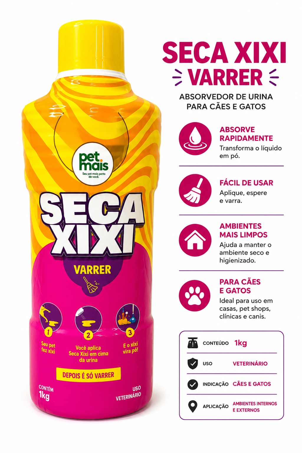 Seca Xixi Pet Mais Varrer 1kg Absorvedor de Urina para Cães e Gatos - Imagem 2