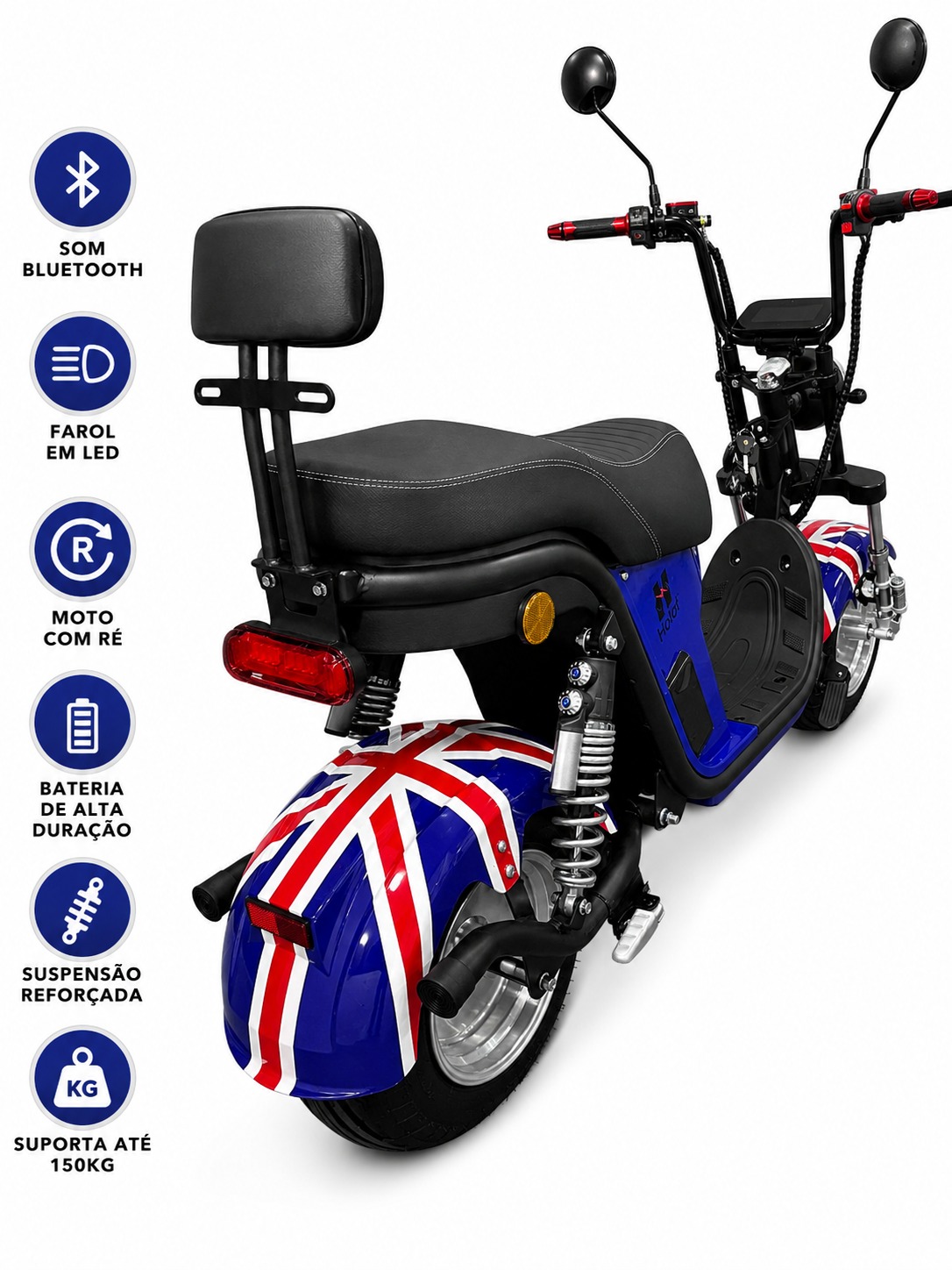 Scooter Elétrica Retrô Azul com Banco Duplo e Encosto – Estilo Clássico e Mobilidade Inteligente - Imagem 2