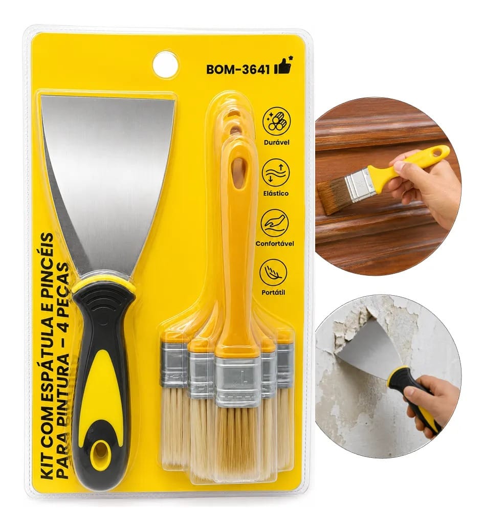 KIT COM ESPATULA E PINCÉIS PARA PINTURA- 4 PEÇAS BOMVINK
