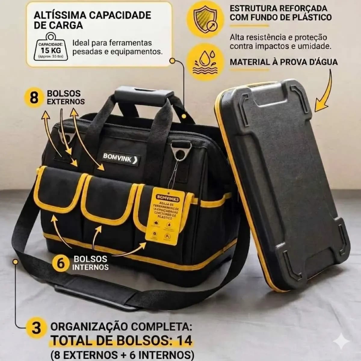 Bolsa Mala Ferramentas Profissional Impermeavel Fundo Rigido BOMVINK - Imagem 2