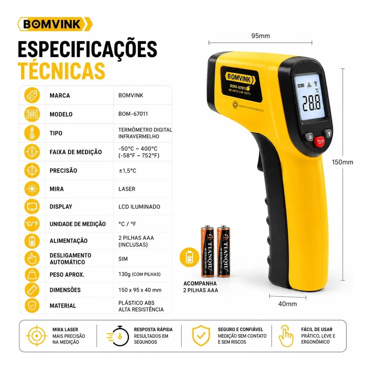 TERMOMETRO DIGITAL INFRAVERMELHO MIRA LASER BOMVINK - Imagem 4